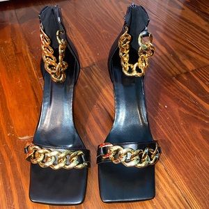 Square Toe Stiletto Heels Metal Chain Strap Ankle Sandals Photo on for reference